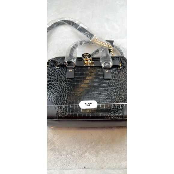 Dasein Black Croc Embossed Satchel Handbag Gold Accent Chain Strap New - Picture 7 of 12